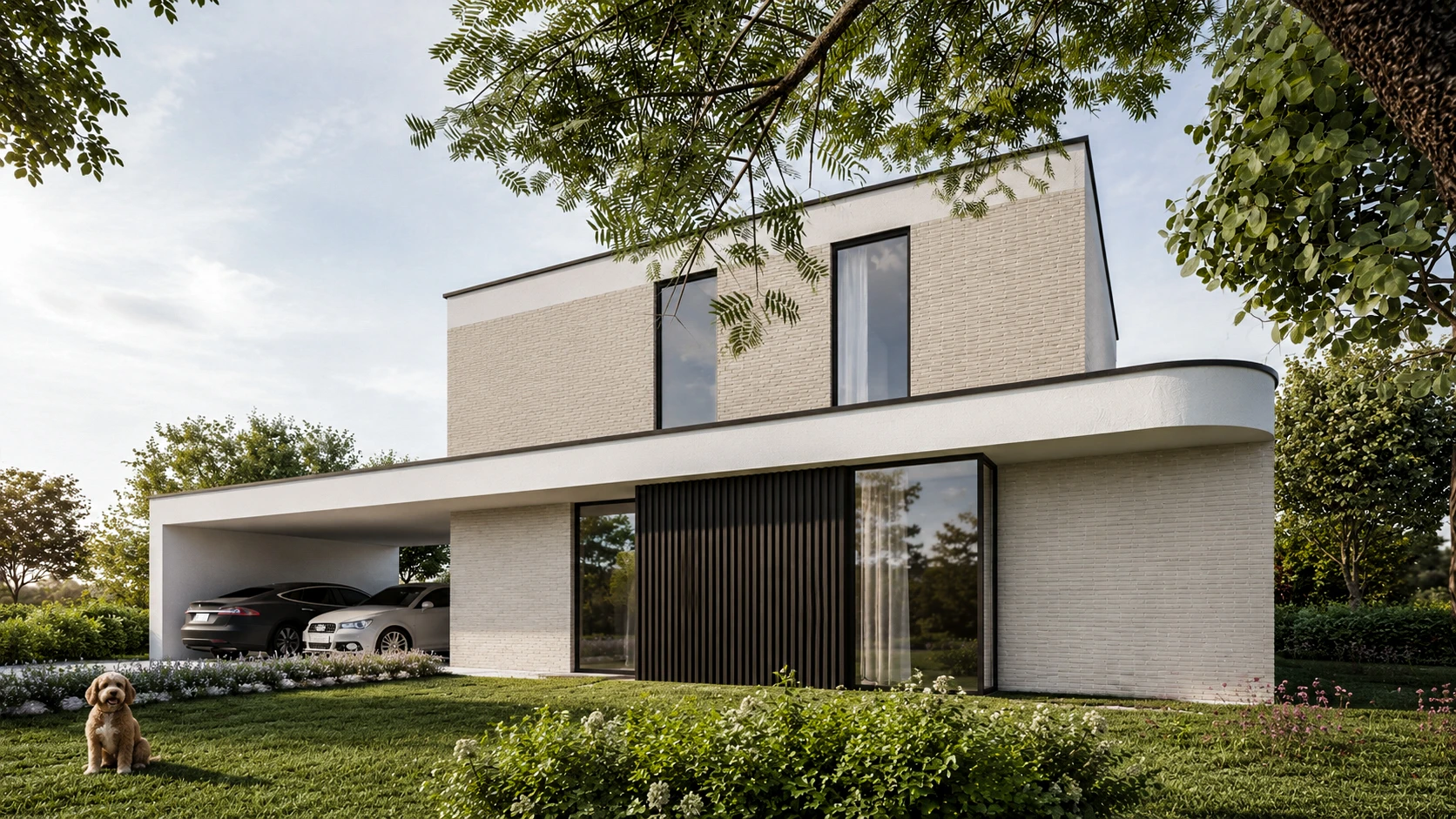 Strakke moderne woning in baksteen met sierpleister details. De moderne architectuur kenmerken en grote glaspartijen zorgen voor een sterke relatie met tuin en omgeving. Dit zorgt duurzaam ontwerp in het groene Achel.