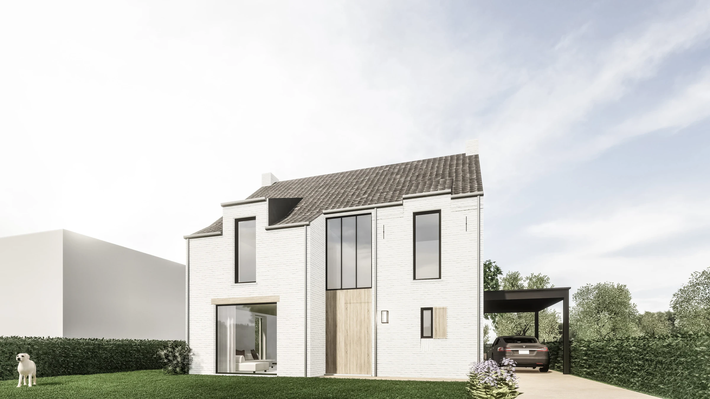 moderne landelijke woning, landelijke architectuur, moderne villa, wit gekaleide gevel, nieuwbouwwoning, architectuur op maat, hedendaagse landelijke woning, energiezuinige woning, exclusieve gezinswoning, tijdloze architectuur. architect Kinrooi, Architect Limburg
