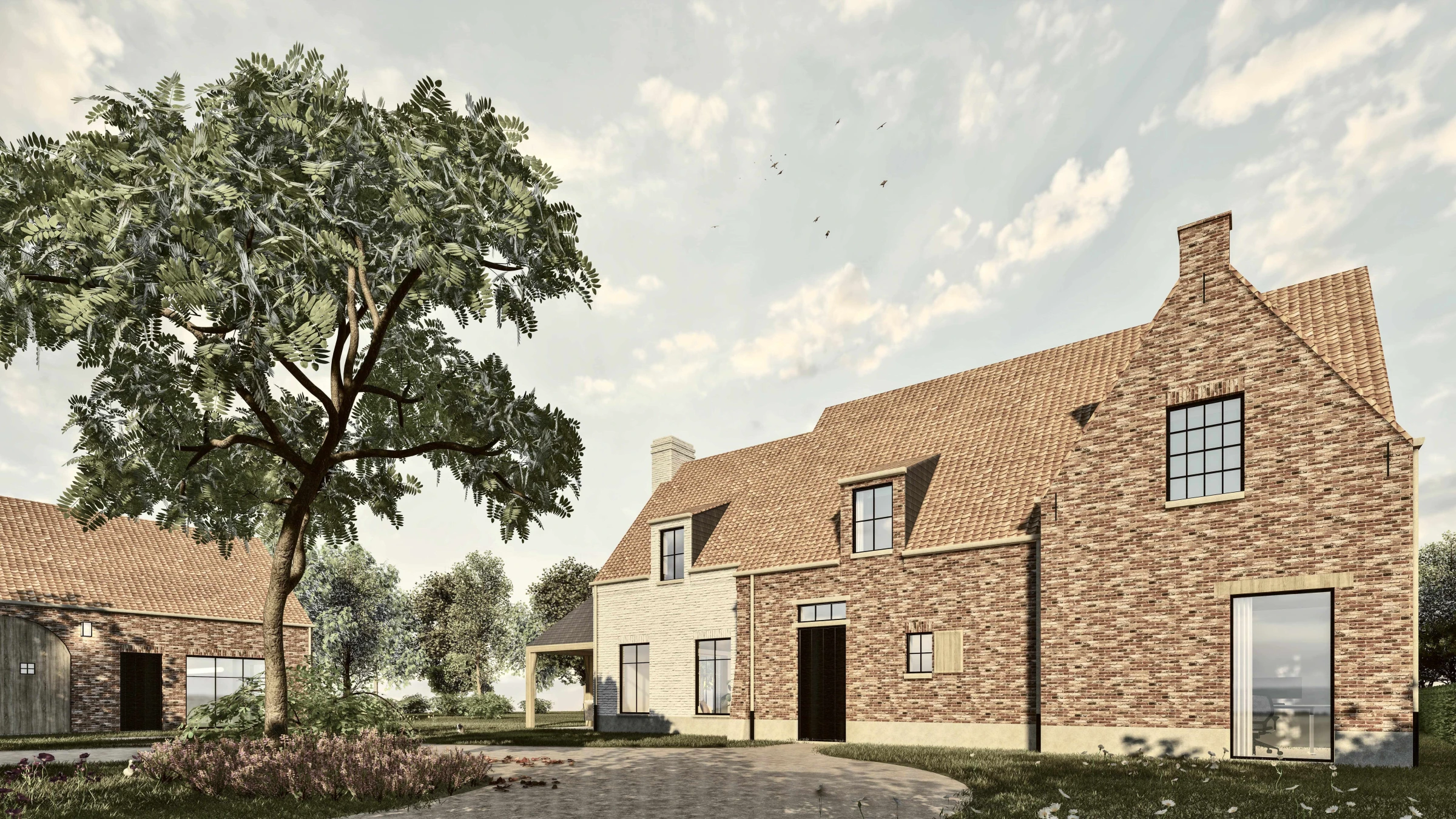 Ontwerp van een klassieke landhoeve in rode baksteen met een wit gekaleid middenstuk, terracotta dakpannen en een bijpassend bijgebouw.