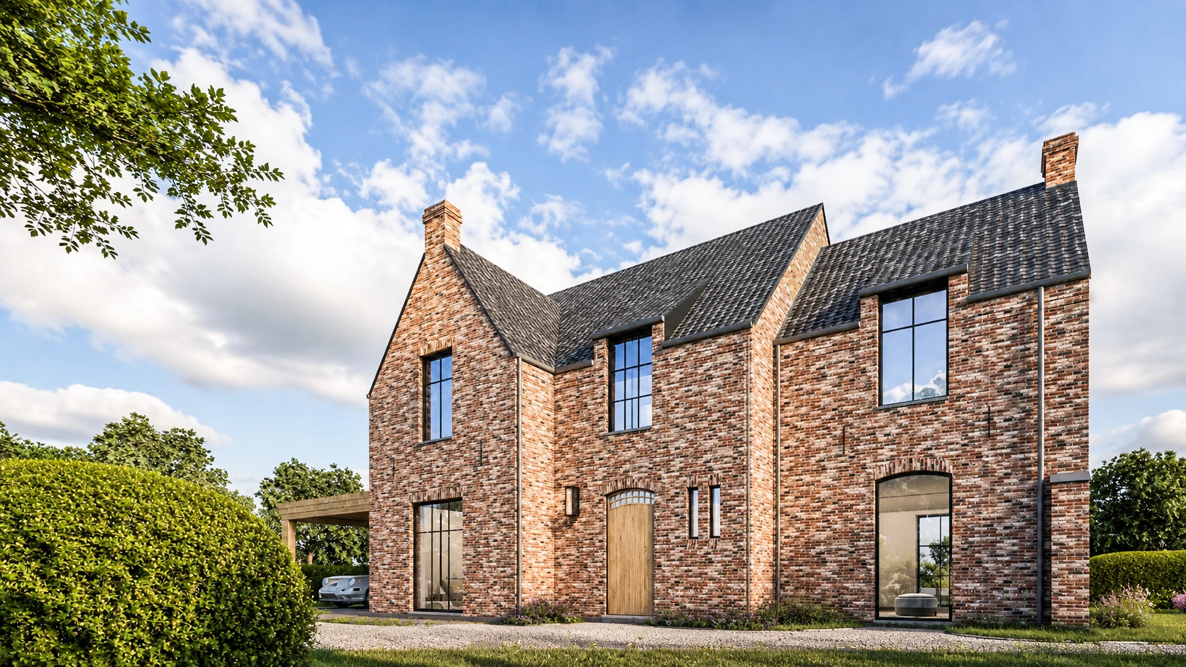 Ruime, eigentijdse woning. De gevel combineert robuust rood baksteenmetselwerk met grote, zwarte raampartijen, een lichte houten voordeur en een asymmetrisch zadeldak.