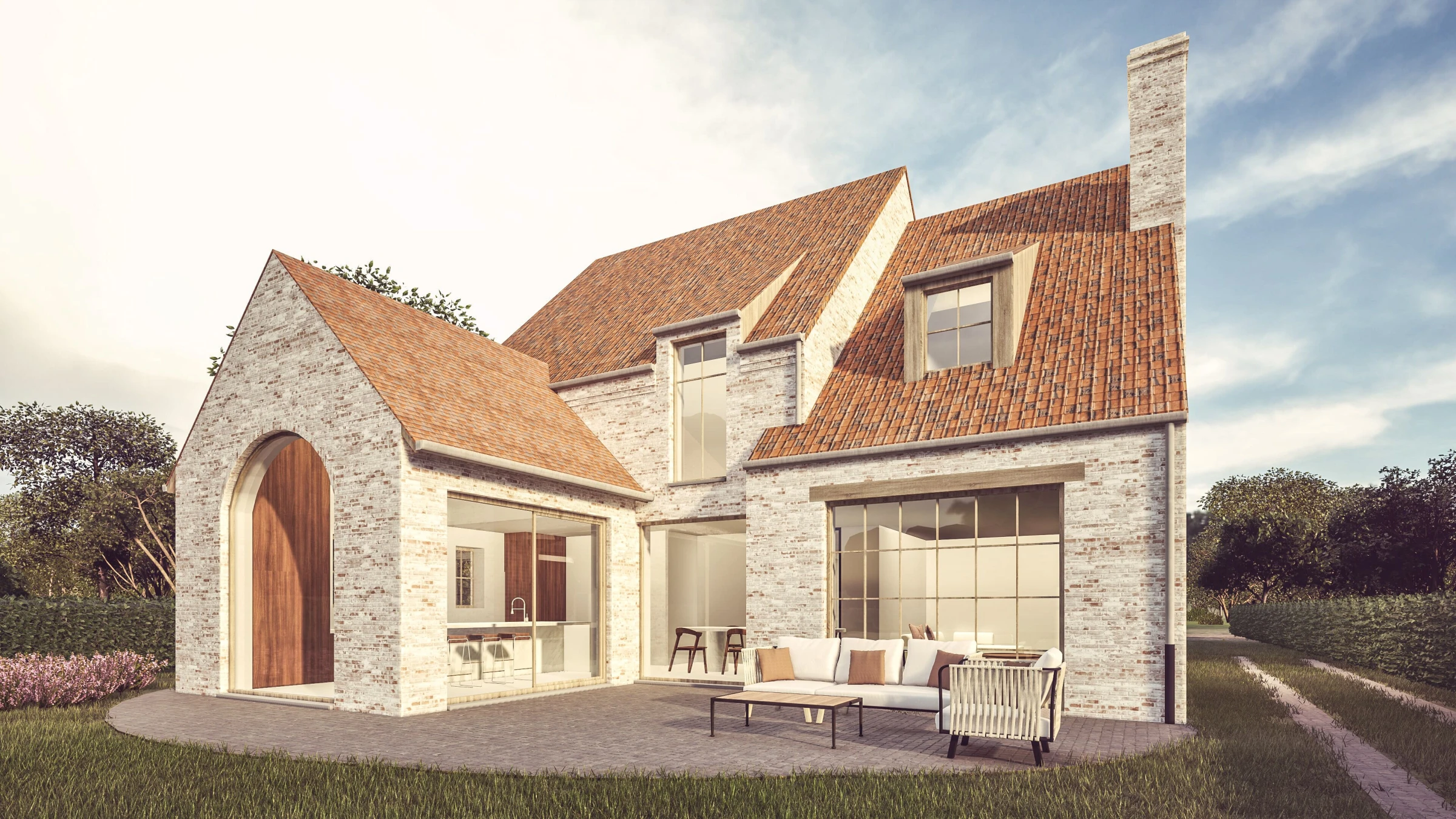 3D visualisatie van een moderne, kubistische villa met witte gevelbepleistering, zwarte verticale lamellen en grote raampartijen.