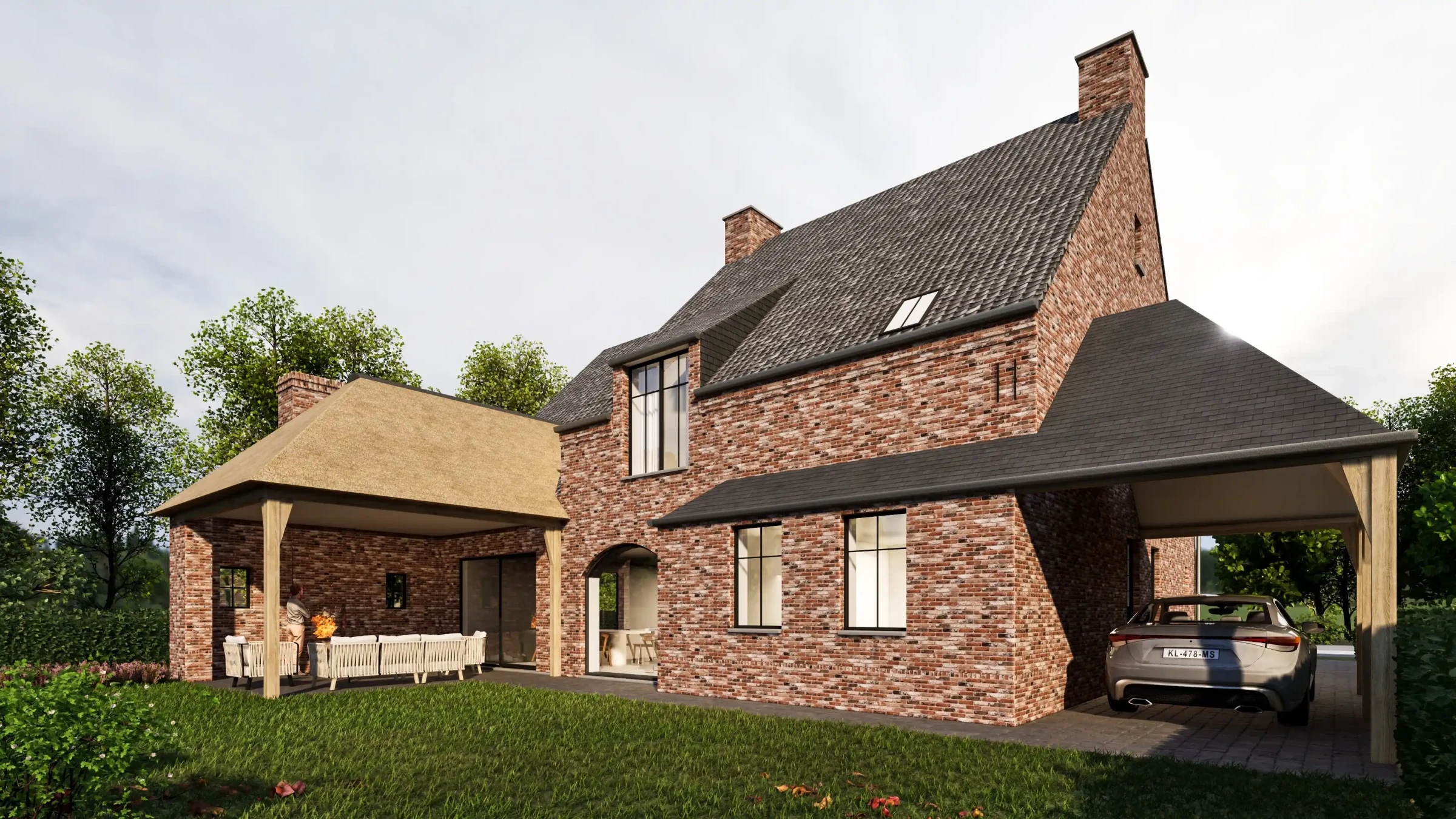 Nieuwbouw villa. De gevel combineert robuust rood metselwerk met strakke, minimalistische zwarte raamprofielen, een lichte houten voordeur en een aangebouwde carport aan de linkerkant.