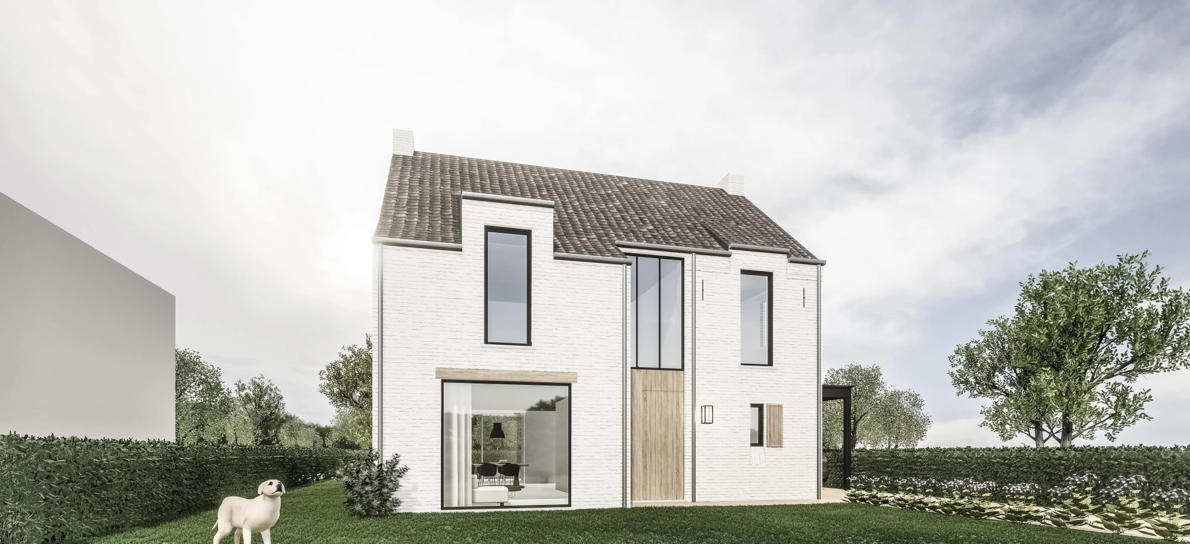 3D visualisatie van een modern landelijke woning in wit gekaleide baksteen met strakke zwarte ramen, een donker zadeldak en warme houten accenten.