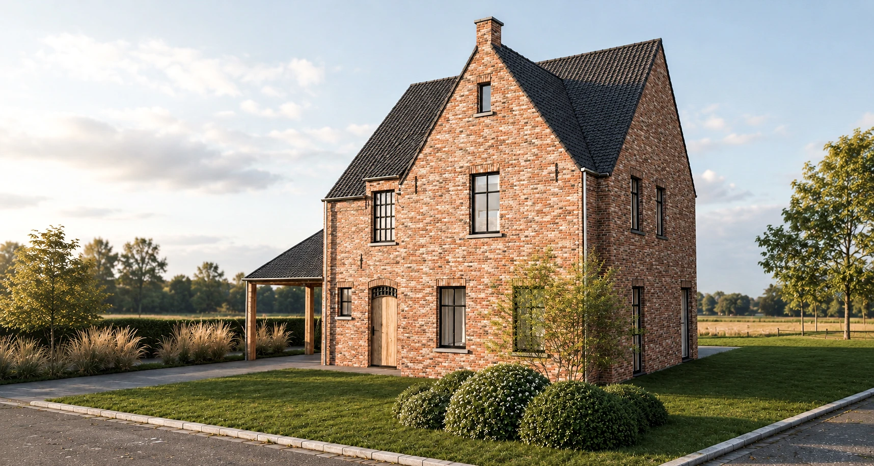 architect landelijke woning Limburg, landelijke nieuwbouw, landelijke architectuur, landelijke gezinswoning, woning met carport, nieuwbouw architect, tijdloze woning, architect op maat, landelijke villa, architect Genk.