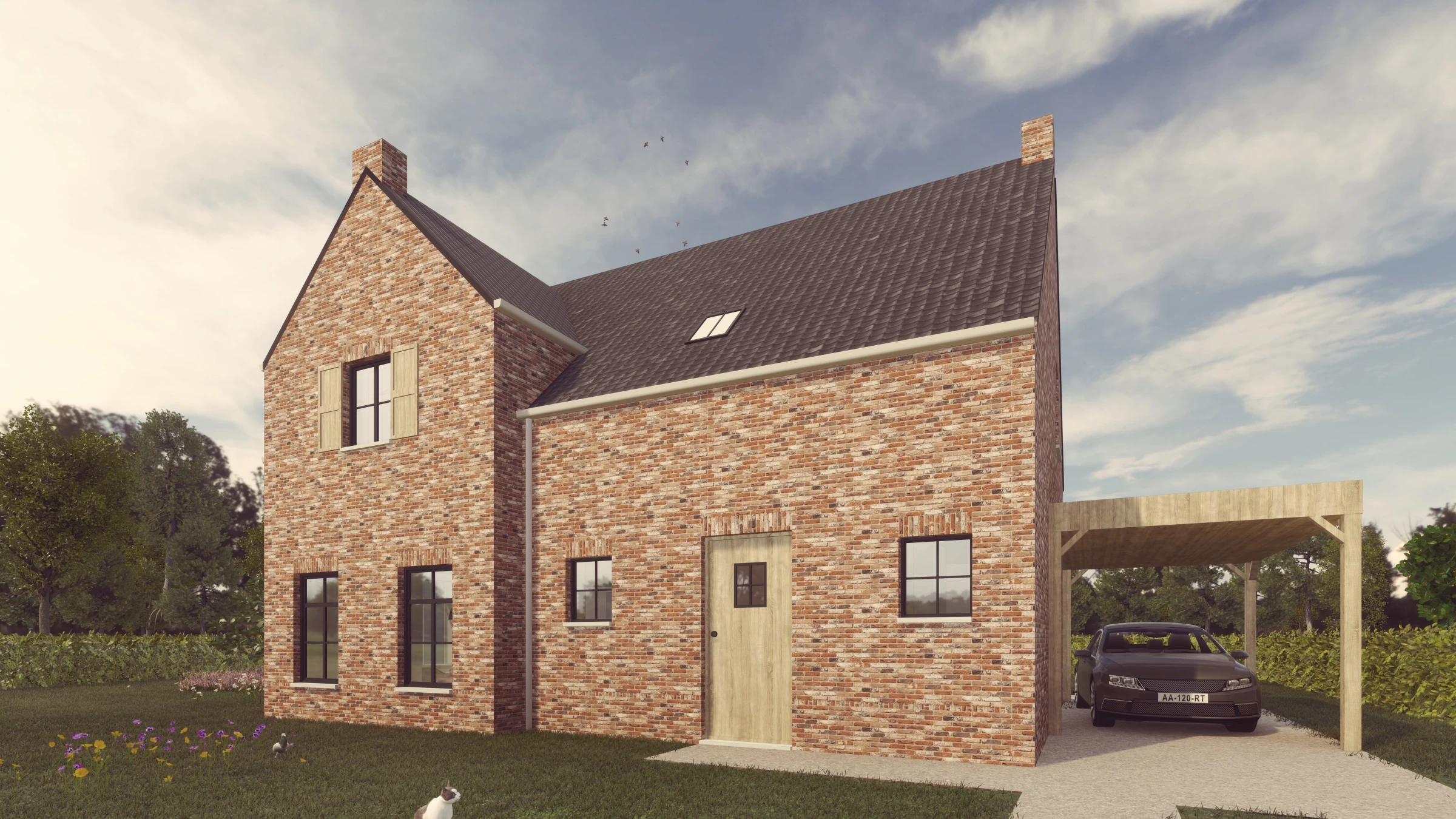 3D visualisatie architectuur: modern landelijke woning in rustieke rode baksteen, gecombineerd met een strakke lichte houten aanbouw en zwarte raamprofielen.