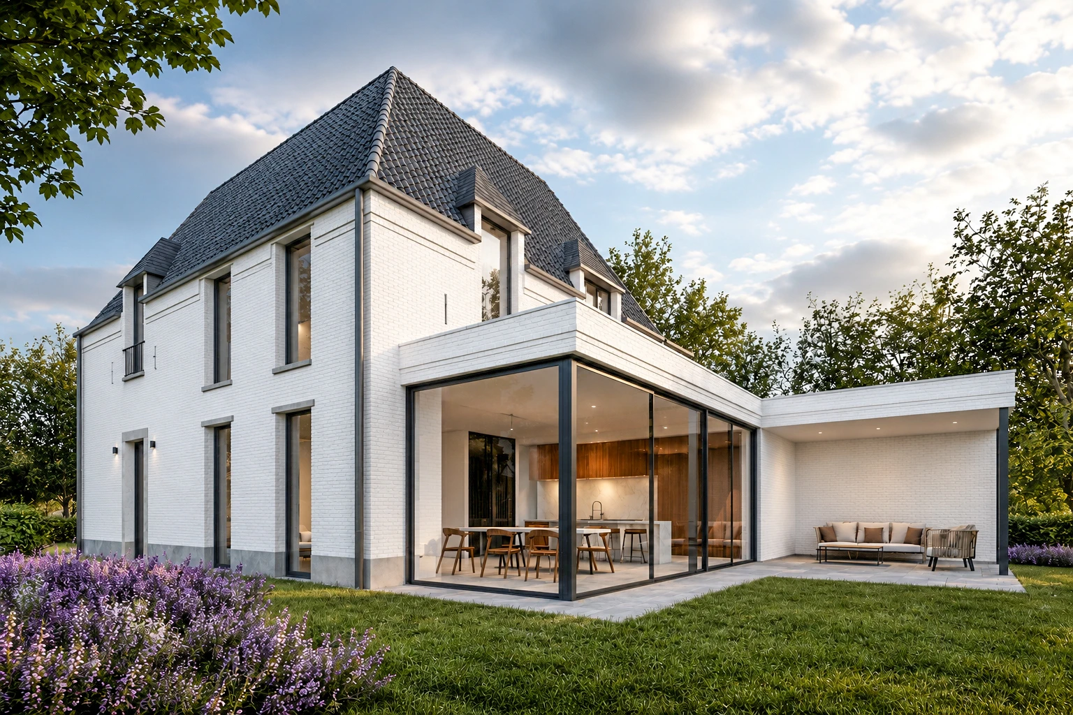 landelijke villa, exclusieve woning, moderne landelijke architectuur, luxe nieuwbouwwoning, architectuur op maat, tijdloze villa, landelijke woning met grote raampartijen, hedendaagse landelijke woning, villa met overdekt terras, Architect Limburg, Architect Herk-de-Stad, moderne manoir