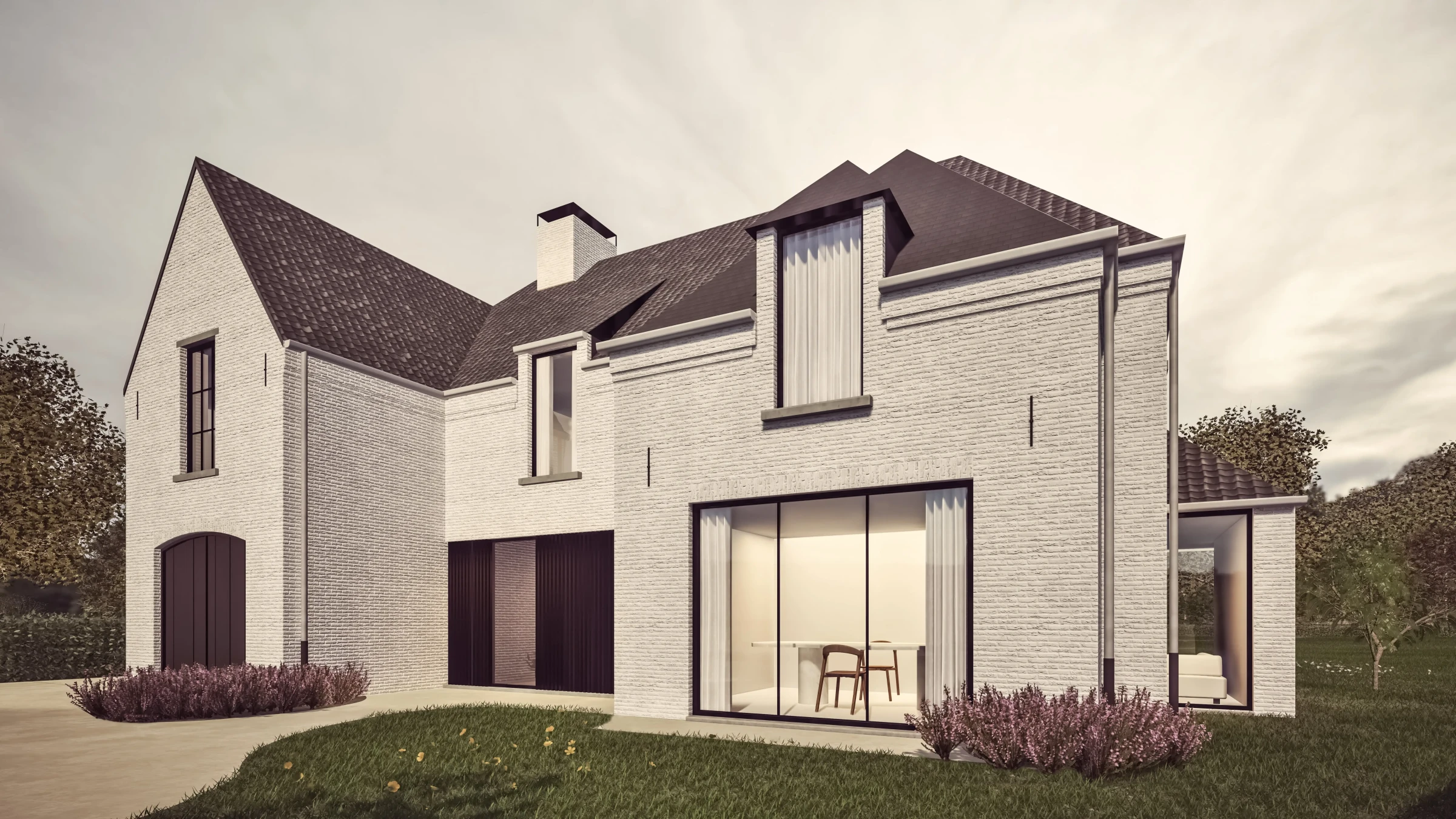 3D visualisatie van een modern landelijke woning in wit gekaleide baksteen met grote glazen ramen en strakke donkere accenten.