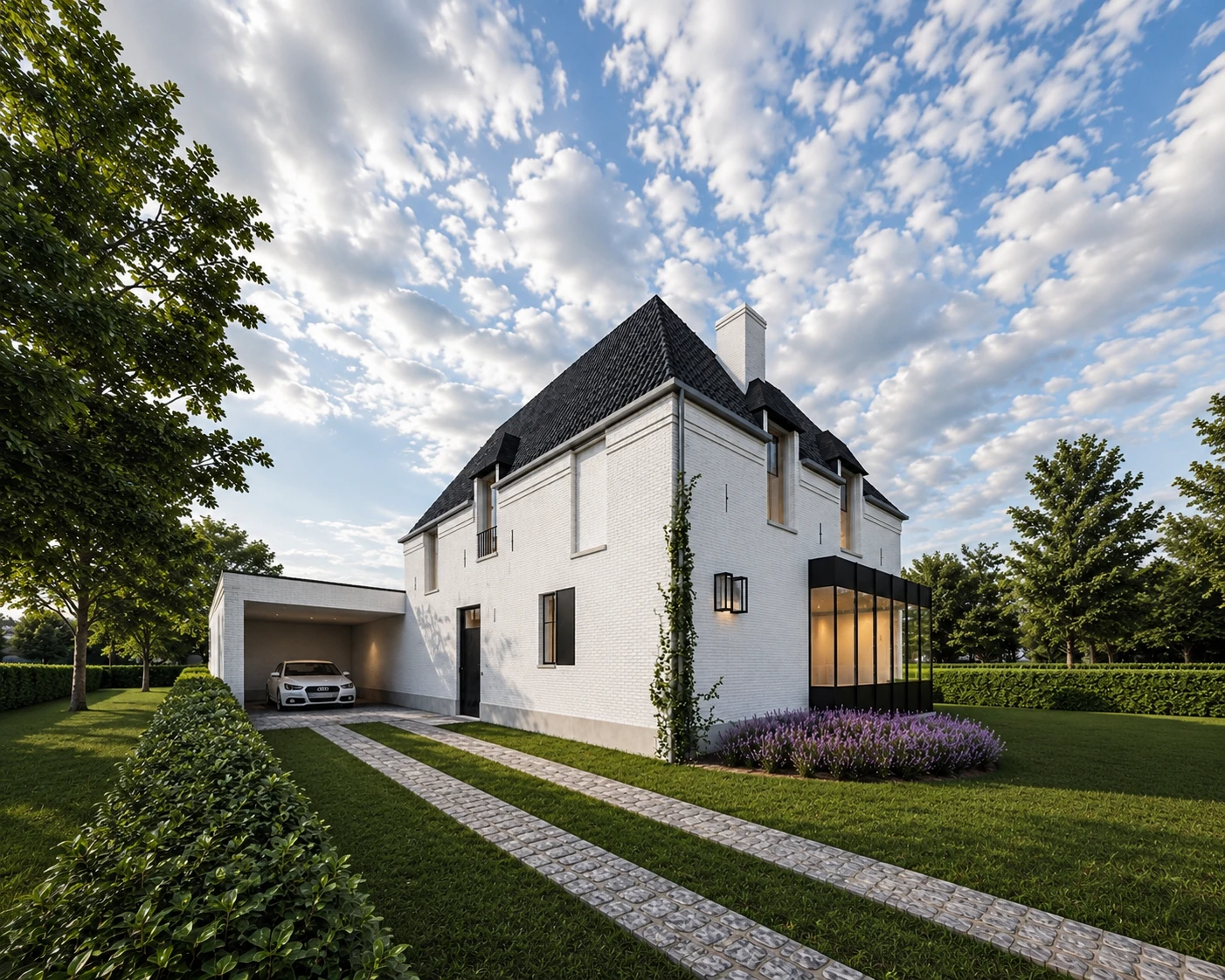 landelijke villa, exclusieve woning, moderne landelijke architectuur, luxe nieuwbouwwoning, architectuur op maat, tijdloze villa, landelijke woning met grote raampartijen, hedendaagse landelijke woning, villa met overdekt terras, Architect Limburg, Architect Herk-de-Stad, moderne manoir