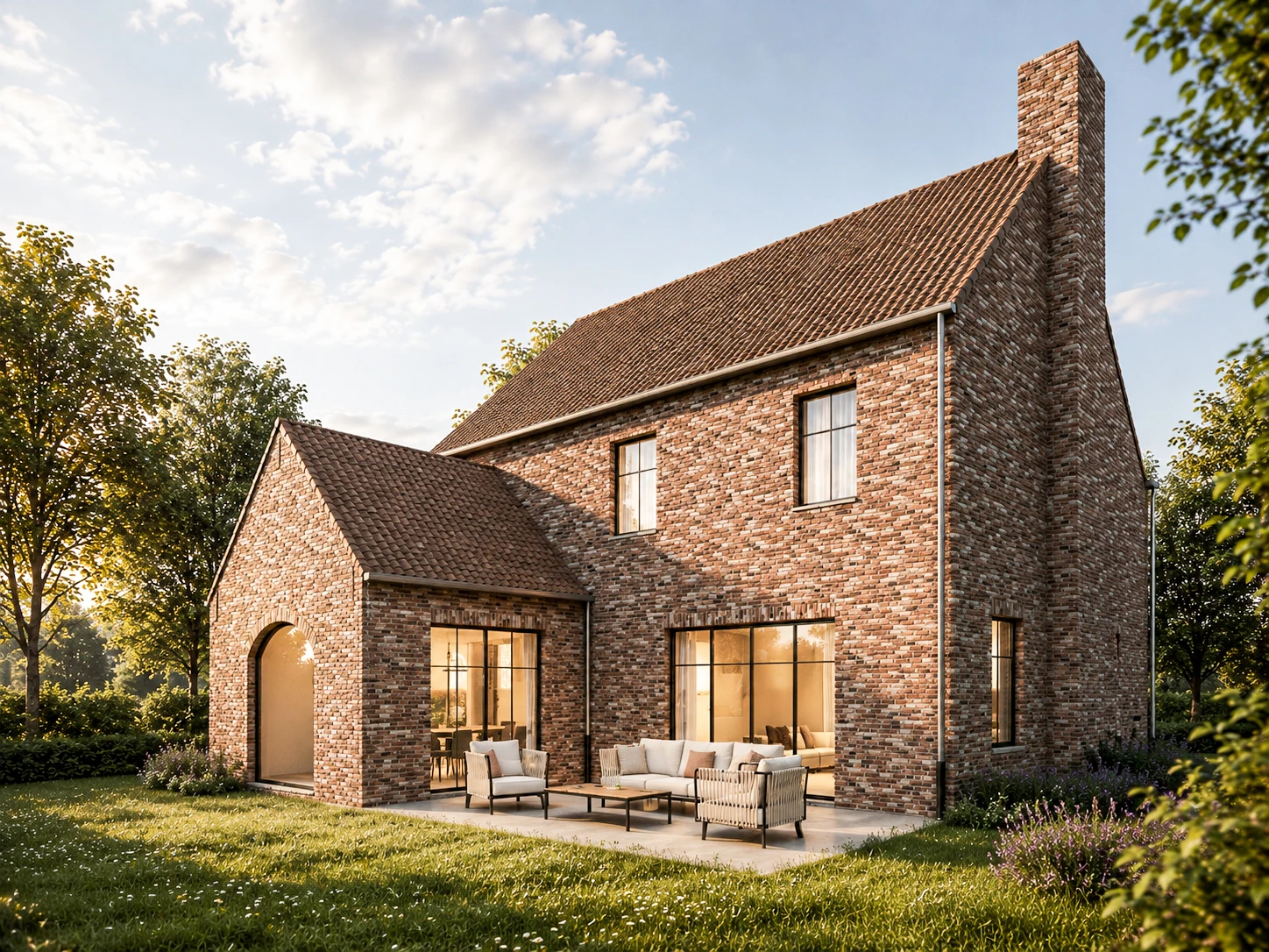 3D visualisatie architectuur: landelijke nieuwbouwwoning met een opvallend contrast tussen rustieke rode gevelsteen en witte baksteen, voorzien van een aangebouwde houten carport.