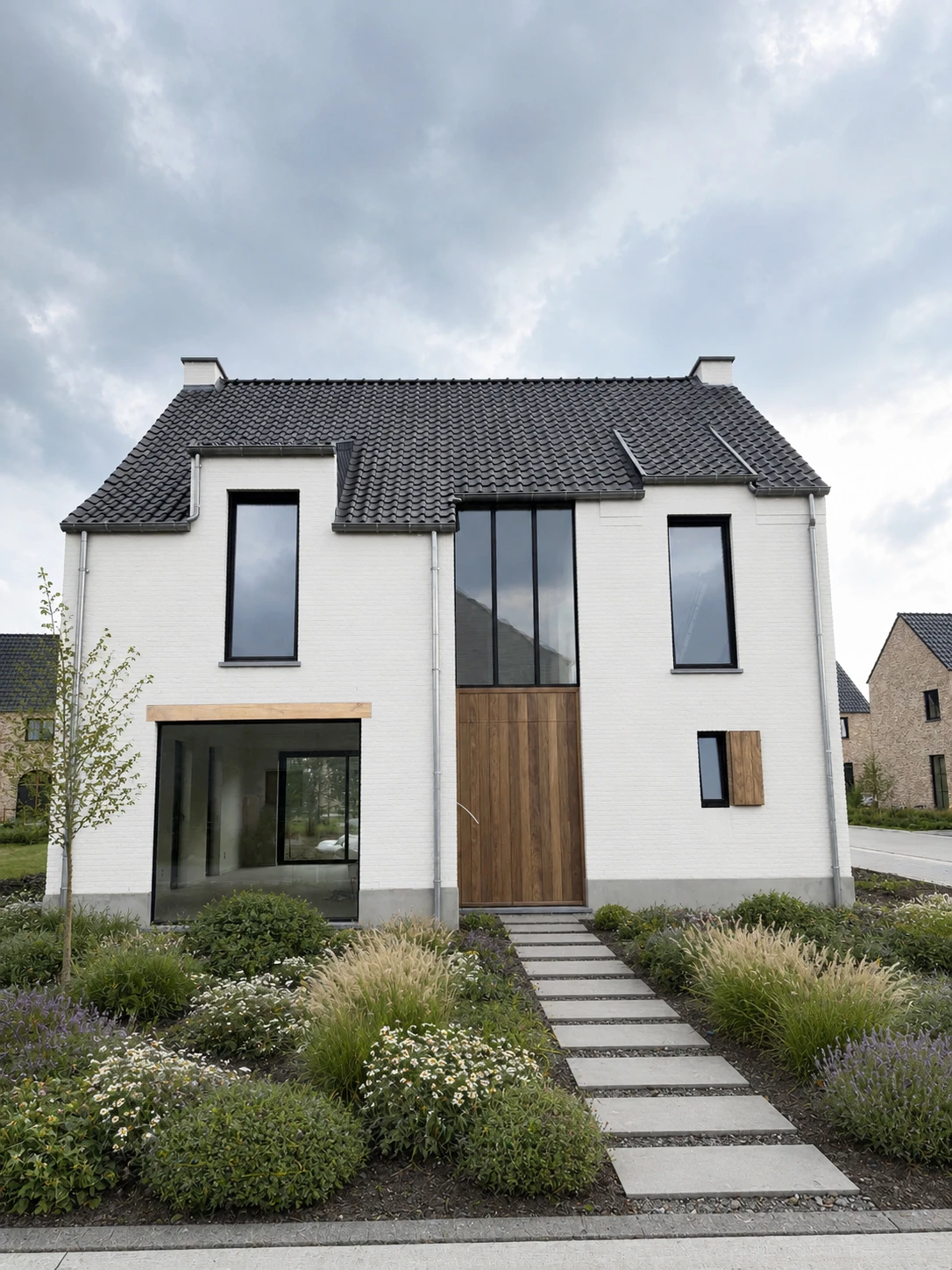 moderne landelijke woning, landelijke architectuur, moderne villa, wit gekaleide gevel, nieuwbouwwoning, architectuur op maat, hedendaagse landelijke woning, energiezuinige woning, exclusieve gezinswoning, tijdloze architectuur. architect Kinrooi, Architect Limburg
