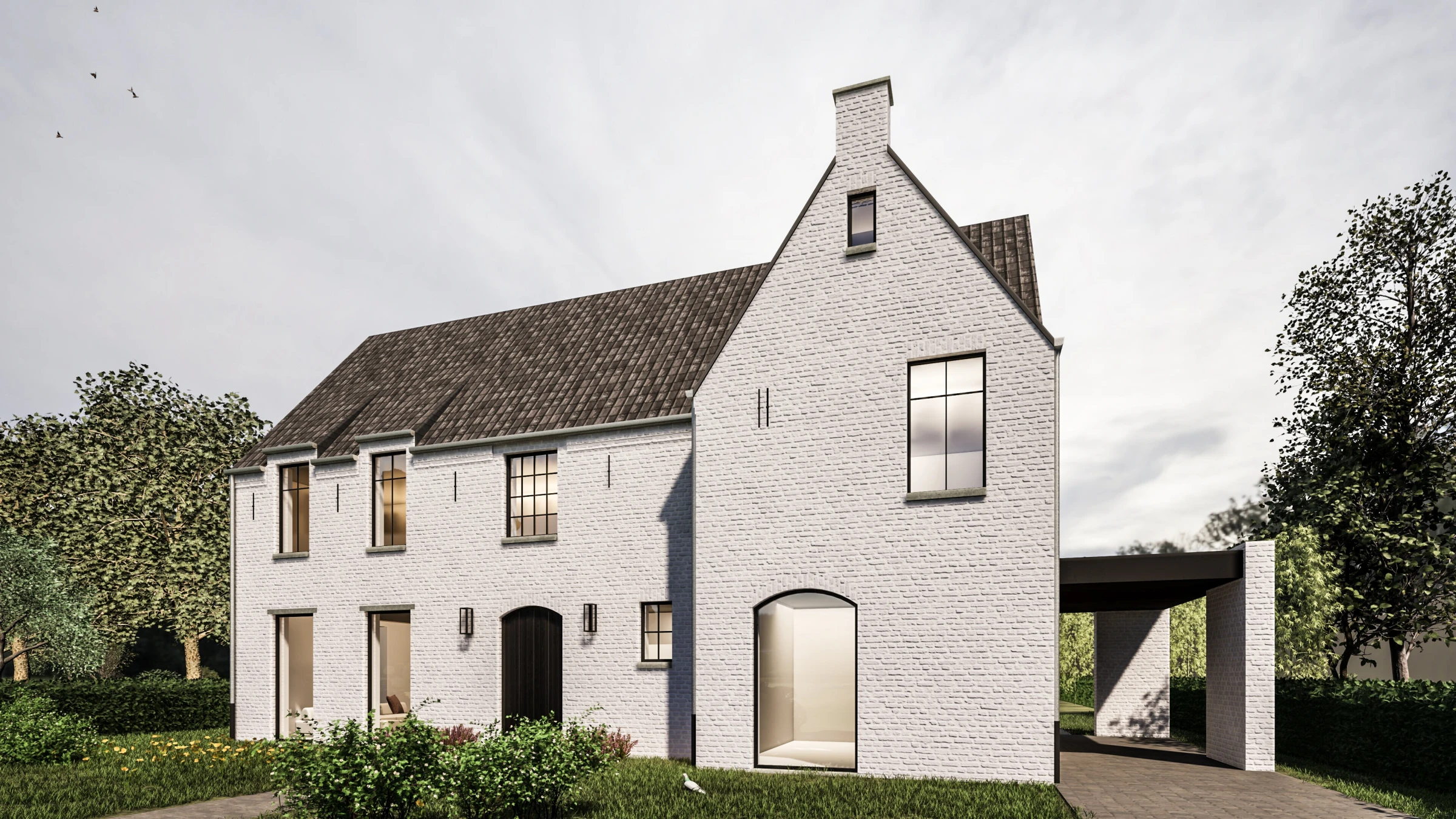 Moderne landelijke woning met witte gevelsteen, donker zadeldak en strakke carport.
