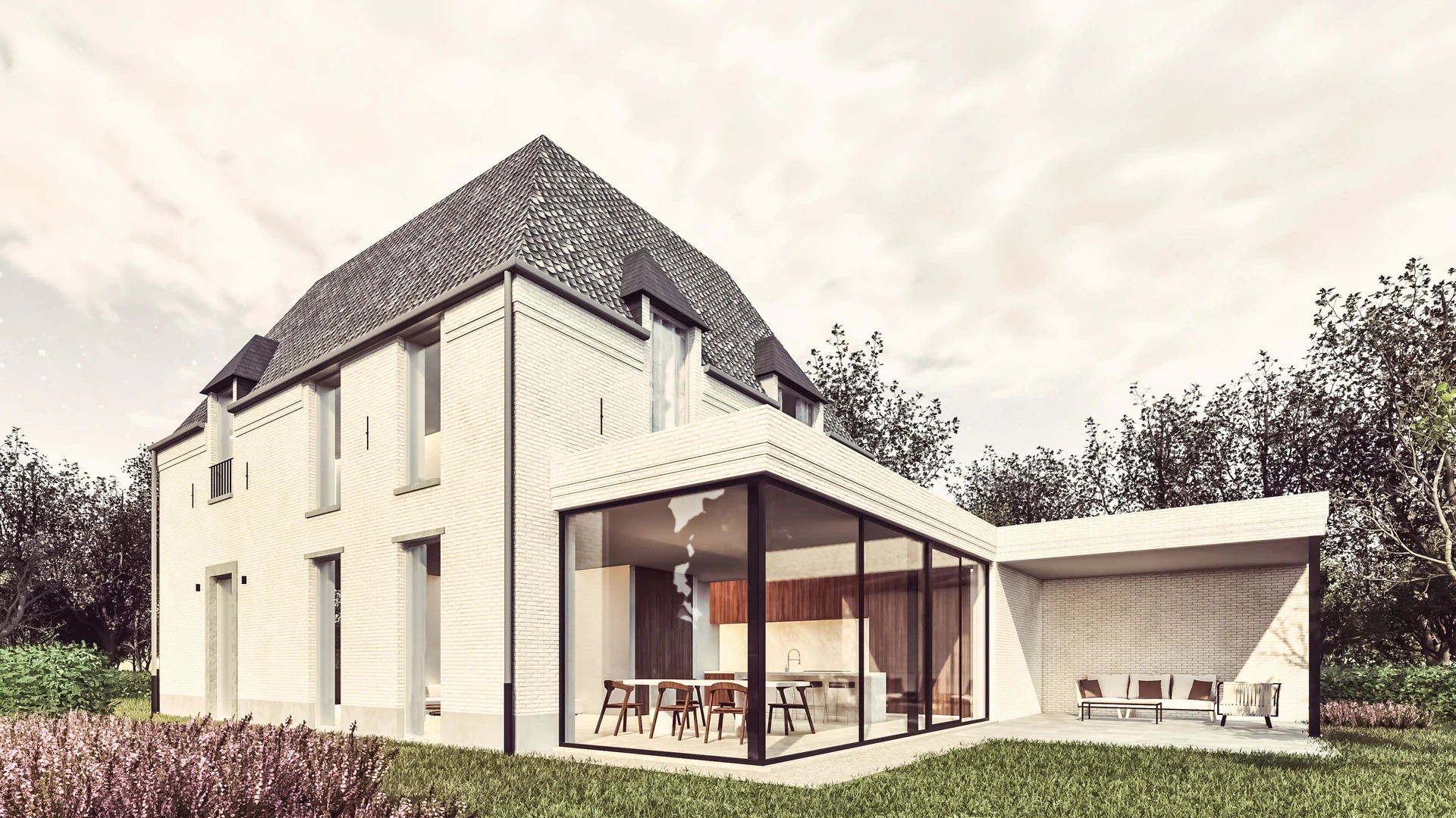 3D visualisatie van een klassiek witte villa gecombineerd met een contrasterende, strakke aanbouw en overdekt terras.