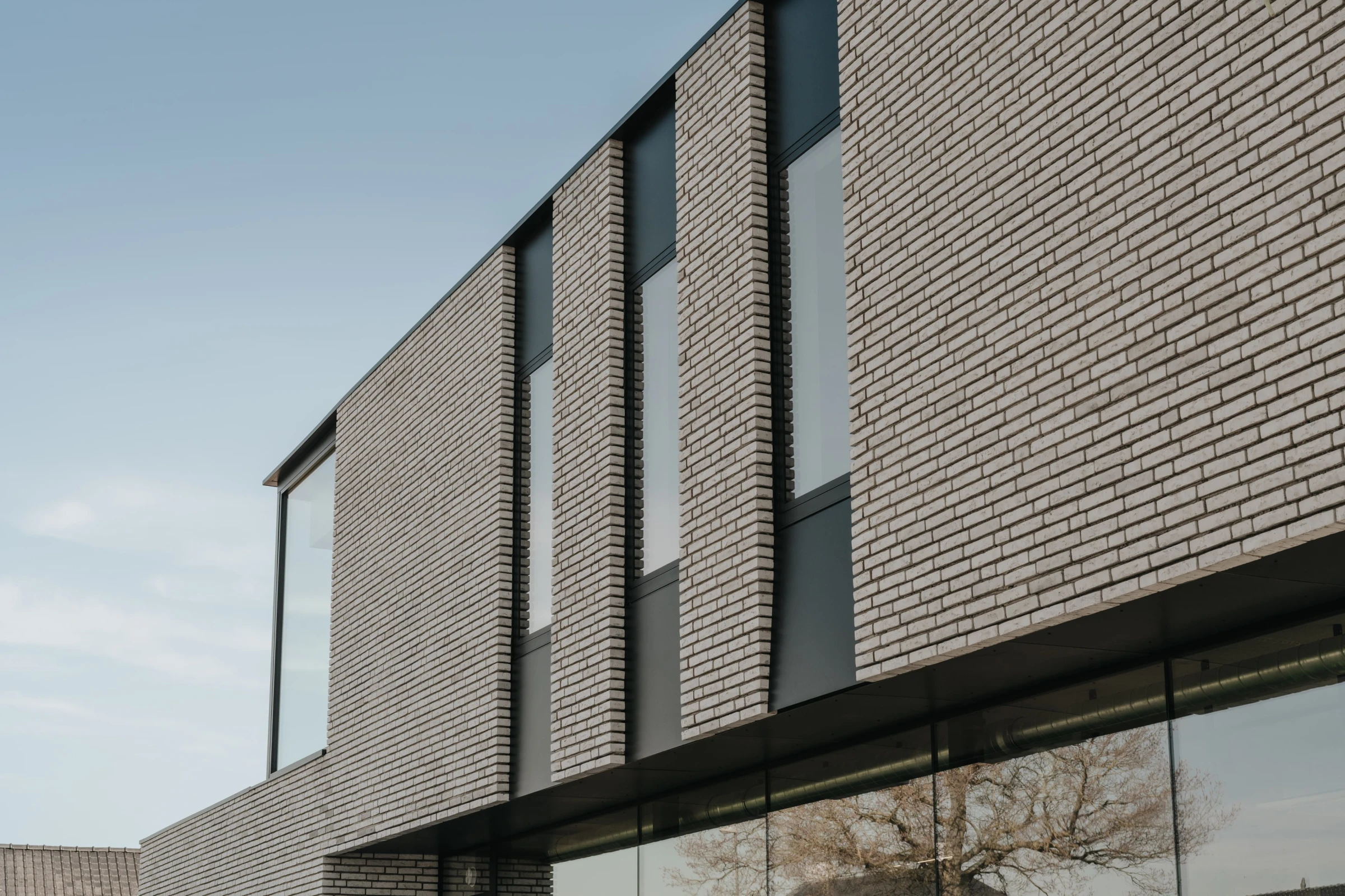 Moderne architectuur - Dierenartsenpraktijk, dierenwinkel Architect Molenbeersel, moderne architectuur, olivier bricks, grijze gevelsteen, karma grey, hoekraam tot tegen dakrand