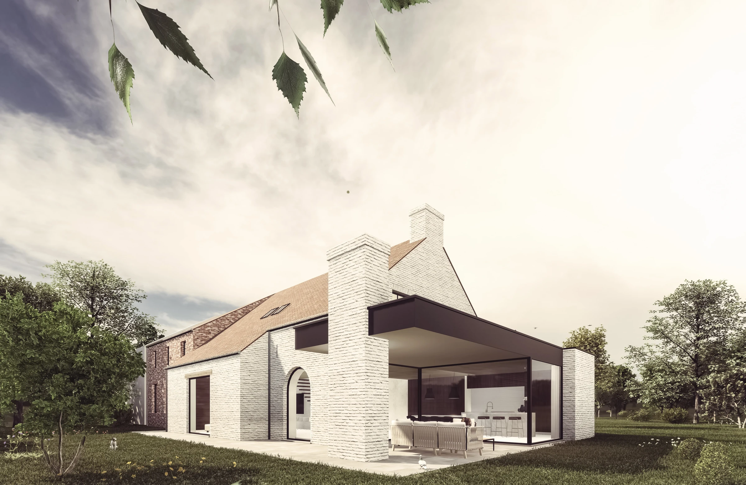 3D visualisatie: succesvolle verbouwing waarbij een klassieke wit gekaleide woning is uitgebreid met een moderne, transparante glazen aanbouw.