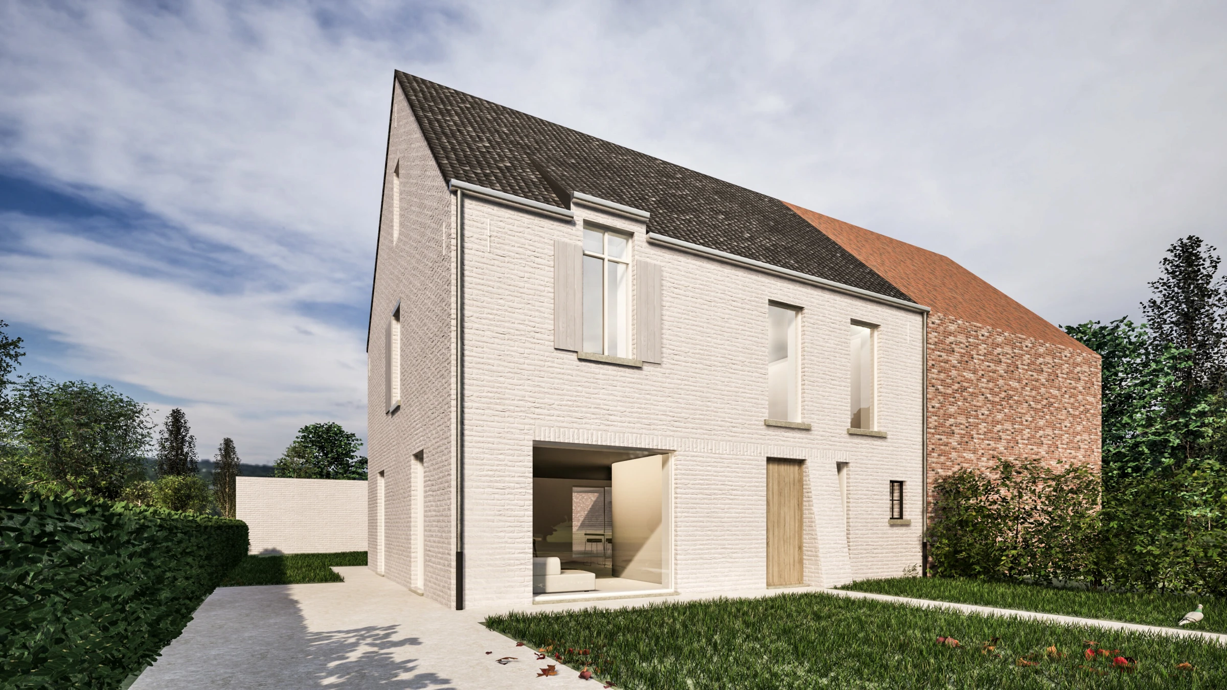 landelijke woning, wit gekaleide gevel, landelijke architectuur, tijdloze villa, moderne landelijke woning, nieuwbouwwoning, architectuur op maat, landelijke gezinswoning, landelijke nieuwbouw, hedendaagse landelijke architectuur. Architect Bree, Architect As