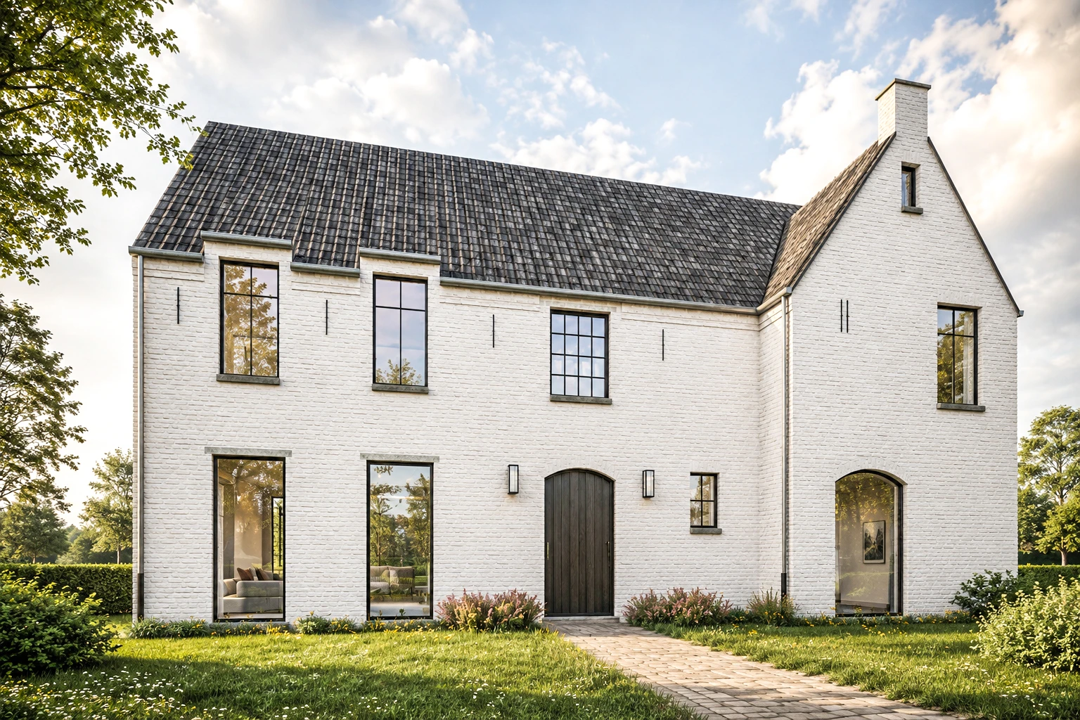 Moderne landelijke villa met wit geschilderde bakstenen gevel, zadeldak en grote raampartijen – hedendaagse architectuur met tijdloze uitstraling.