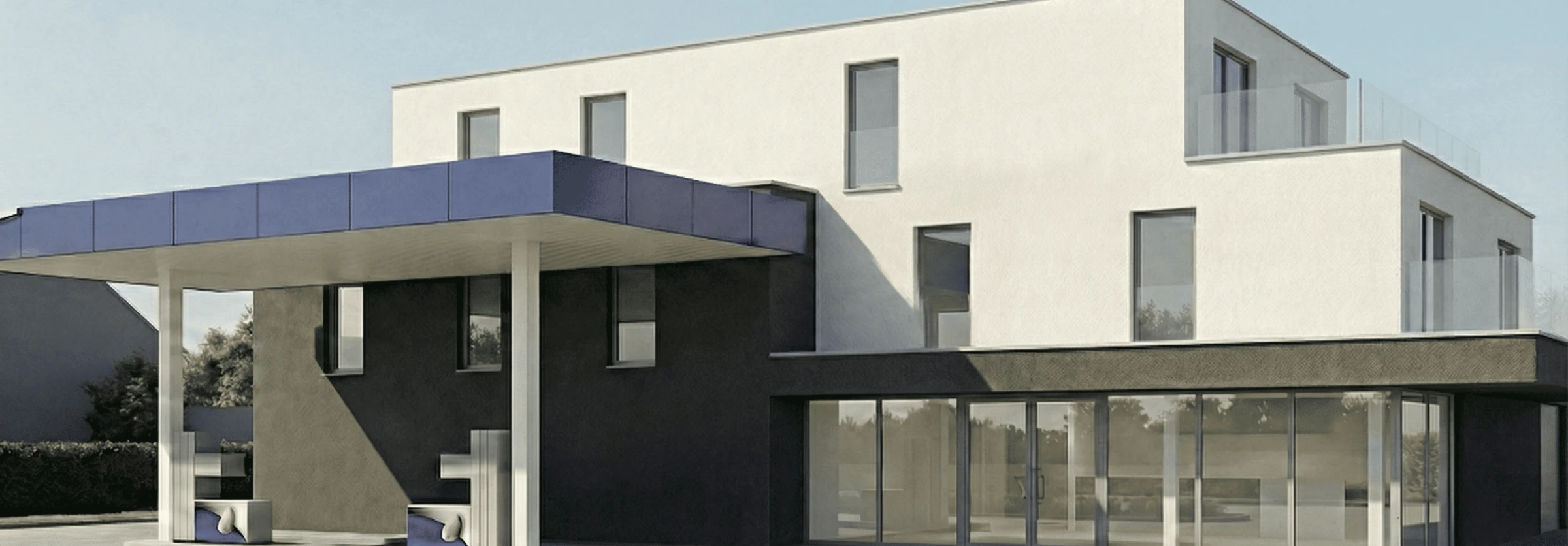 Modern nieuwbouw project met vier appartementen voorzien van glazen balkons, gelegen boven een vernieuwd Q8-tankstation met winkel.