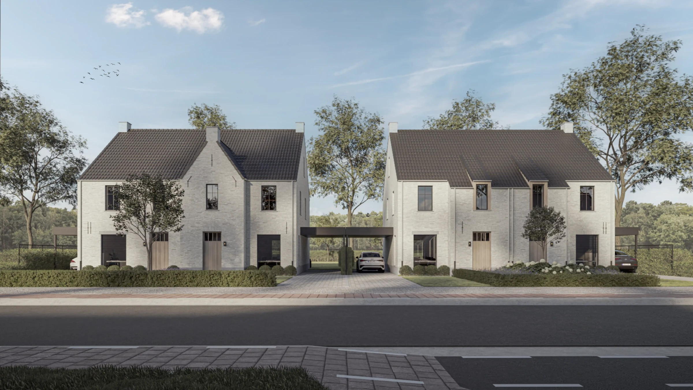Symmetrisch vooraanzicht van vier moderne landelijke nieuwbouwwoningen in Beringen, voorzien van een lichte gevelsteen, donkere zadeldaken en centrale carports.