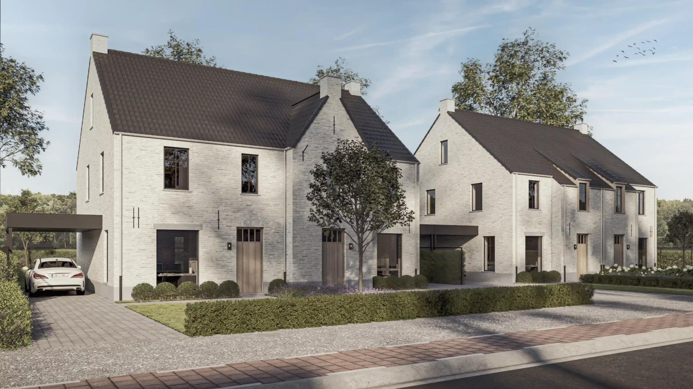 Vooraanzicht van een modern-landelijk nieuwbouw project met vier woningen in Beringen, gekenmerkt door een lichte bakstenen gevel en houten deuren.