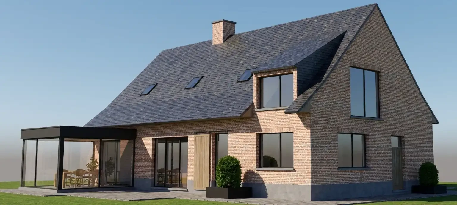 Landelijke woning in baksteen met donker zadeldak, zwarte kozijnen en een moderne aanbouw.
