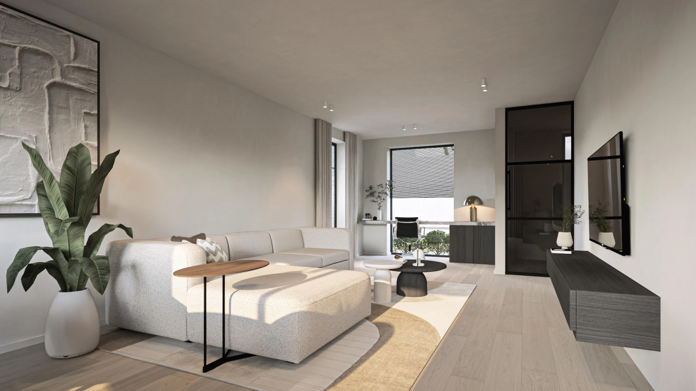 Modern minimalistisch woonkamer interieur met een beige hoekbank, houten vloer en een zwevend tv-meubel in een lichte open ruimte.